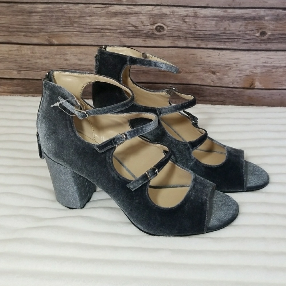 Blue gray velvet open toe heels. Sz 8.5 left. NWOT